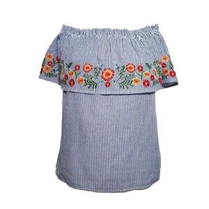 Miss Me Embroidered Striped Off The Shoulder Top Size Large Blue White